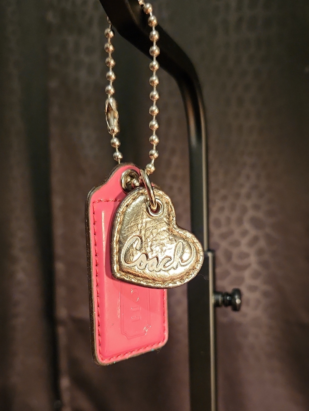Y2k Coach Pink Leather Tag with Sliver Heart Charm Keychain With Free Gift